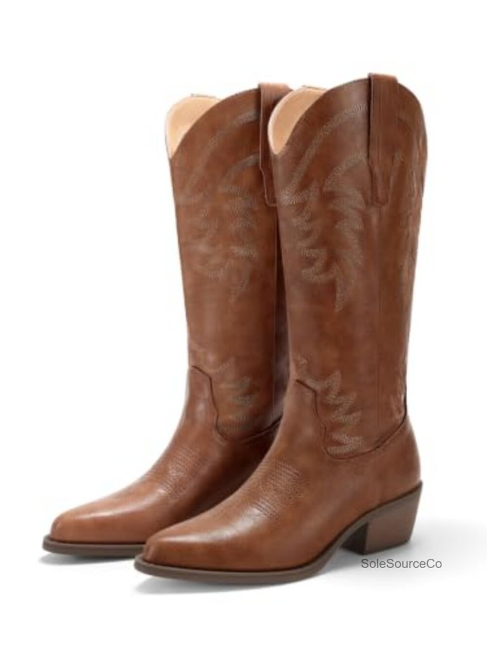 Women's Mid Calf Embroidered Western Boots Chunky Heel Faux Leather